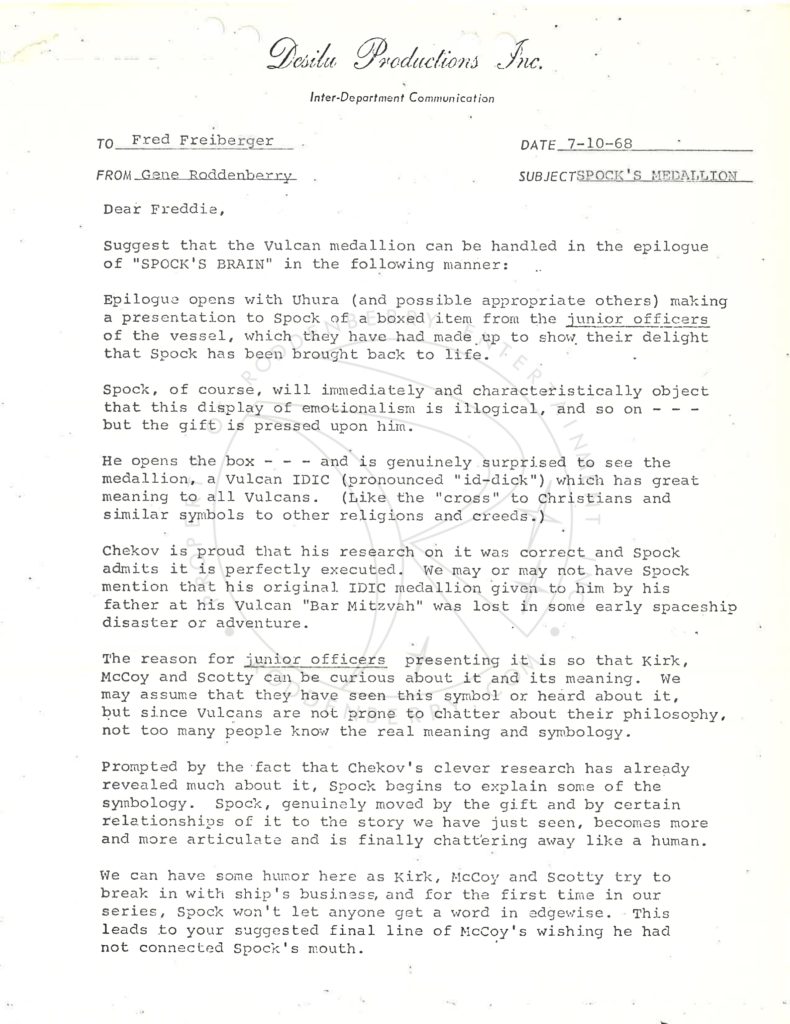 Spock's Medallion memo by Gene Roddenberry page one