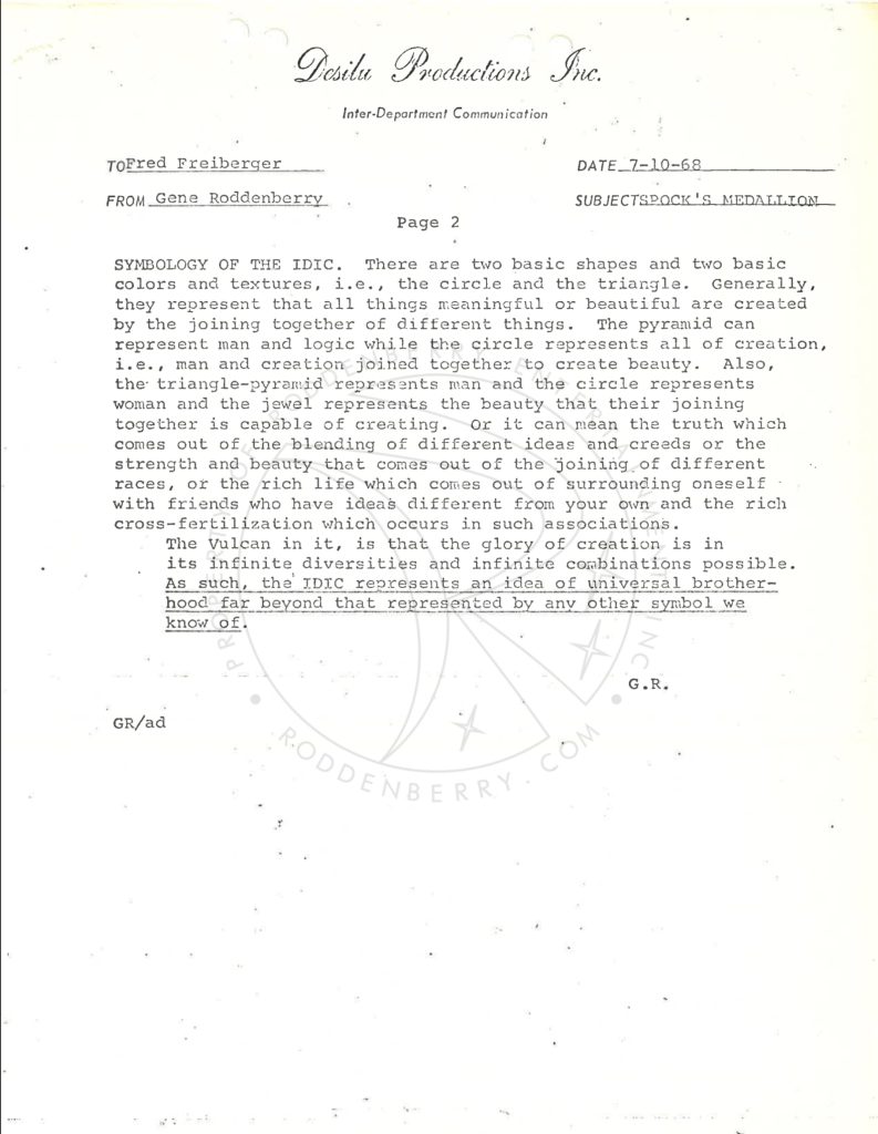 Spock's Medallion memo by Gene Roddenberry page two